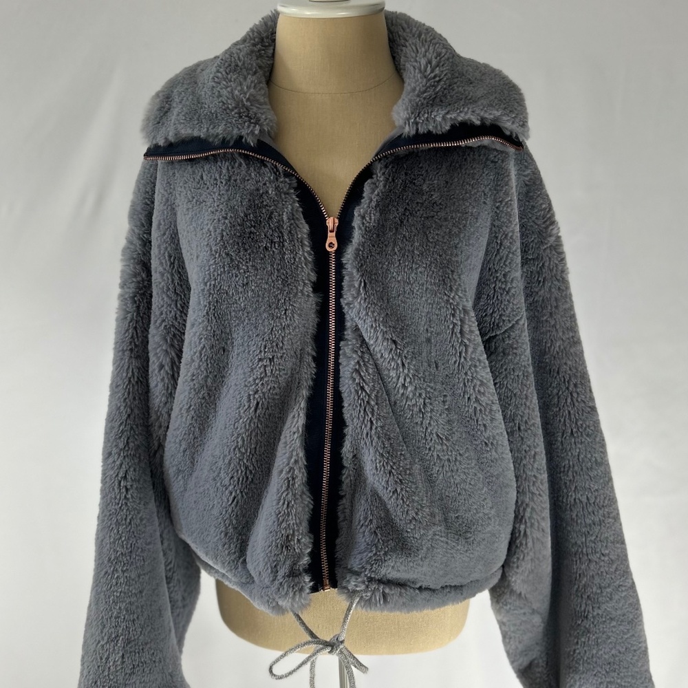 Elevenses/Anthropologie Gray Faux Fur Zip Front Jacket - Size M